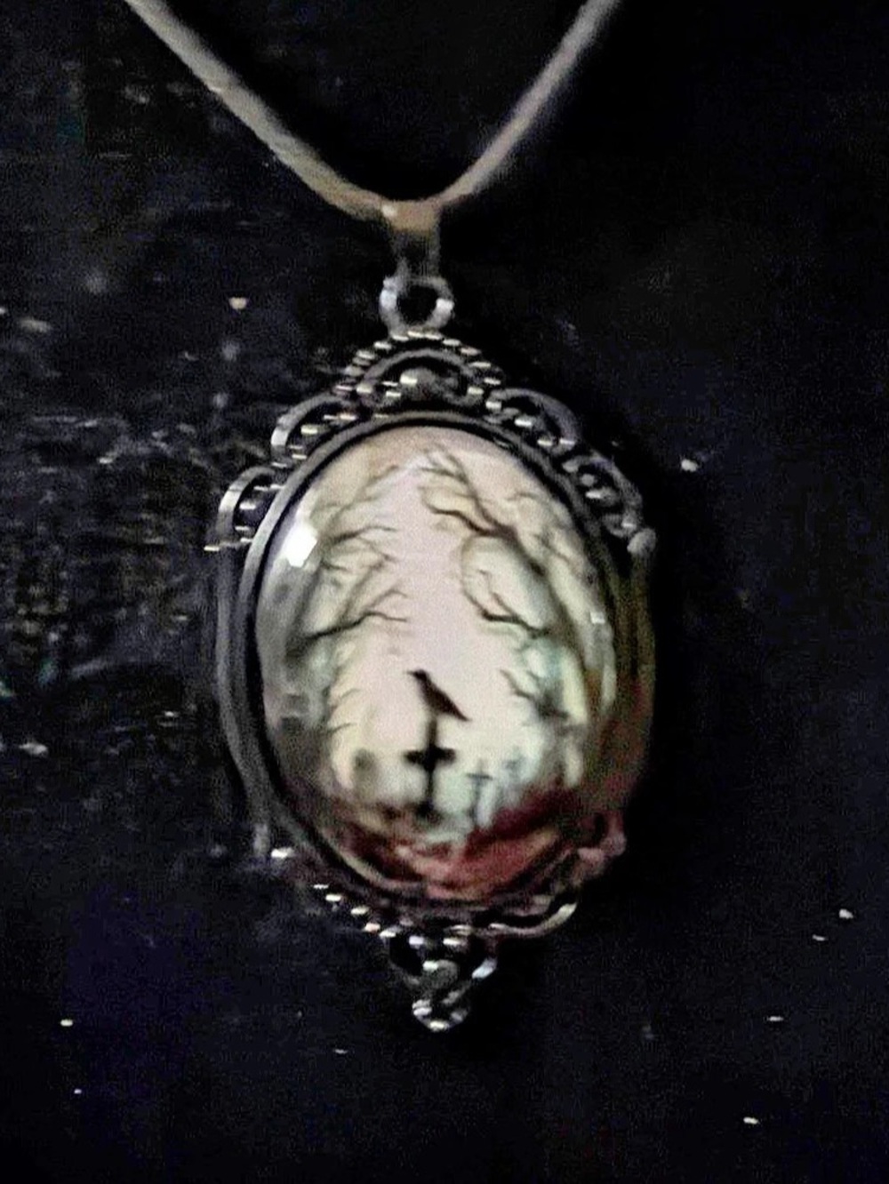 Gothic Crow Cemetary Cameo Pendant Necklace in Black & White Like New glows in t